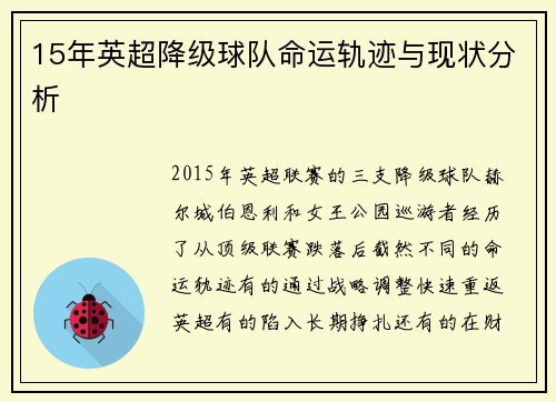 15年英超降级球队命运轨迹与现状分析